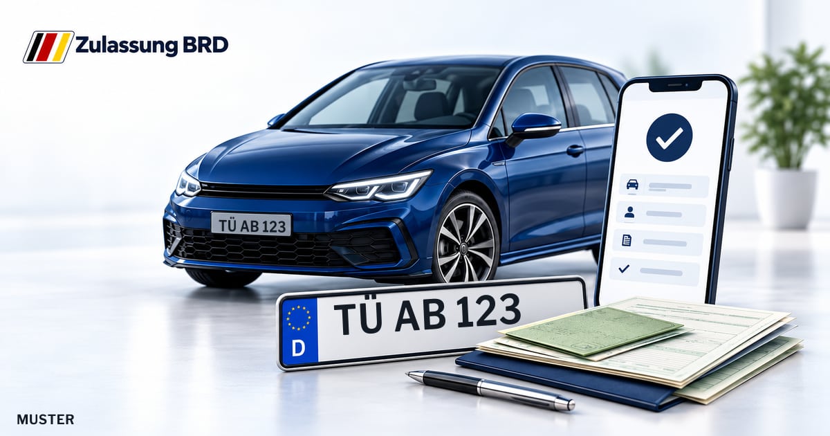 Online Fahrzeugzulassung in Ammerbuch: Musterkennzeichen TÜ AB 123, Auto und Fahrzeugpapiere und Smartphone. Illustration mit Logo von Zulassung BRD.